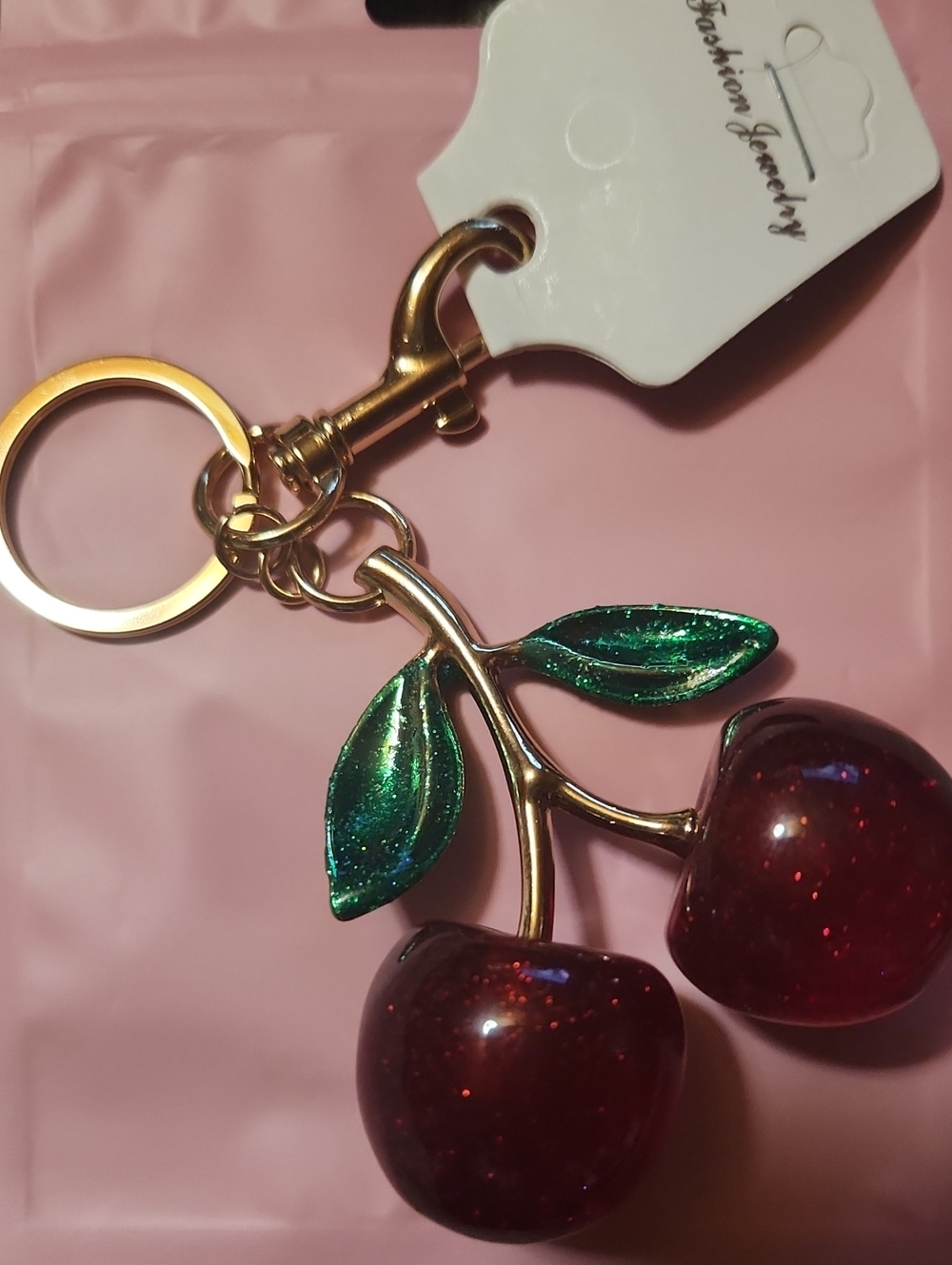 Fashion Jewelry Gold-Tone Cherry Keychain with Red Cherries and Green Leaves